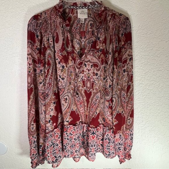 Knox Rose Burgundy Multicolor Floral Popover Top- Size S - Picture 9 of 14